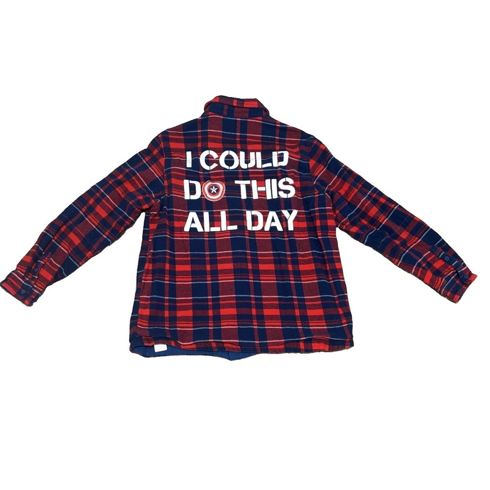 Disney Parks Marvel Captain America Flannel "I Could Do This All Day" Sz L